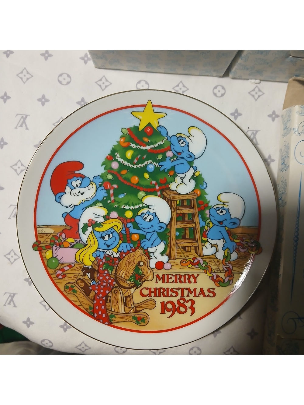 Smurf Christmas Collectible Porcelain Plate and 2 Cups Wallace Berrie 1983 Retro